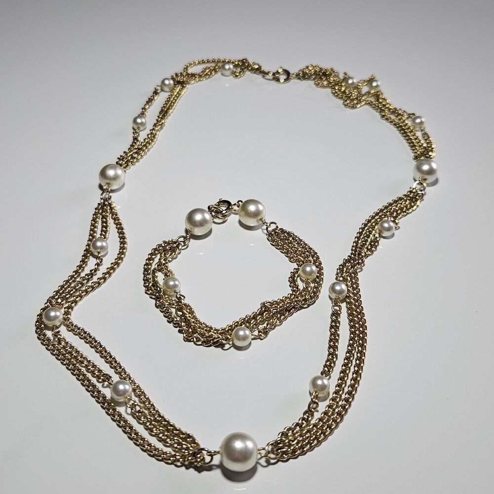 Vtg 1970s Emmons Scenario Faux Pearl Bead Gold Tone Chain Necklace Bracelet Set